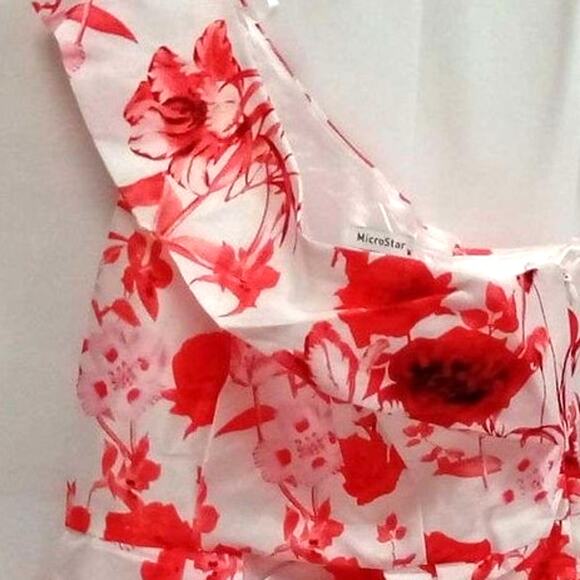 Microstar, Red n Pink Floral Printed Shimmer Dress, With A Bare Shoulder M - Picture 5 of 10